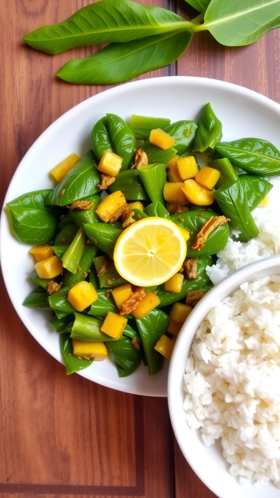 A colorful stir-fry of drumstick leaves with onions and spices, served with rice on a rustic table.